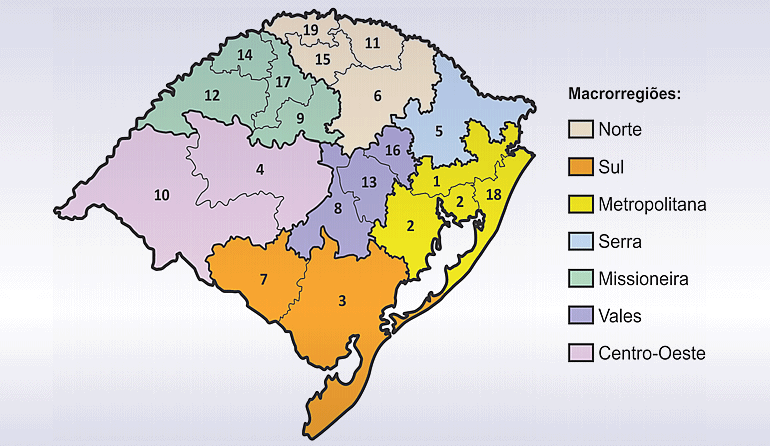 Coordenadorias Regionais de Saúde do Estado. Região do HEPA, metropolitana e litoral, em amarelo.